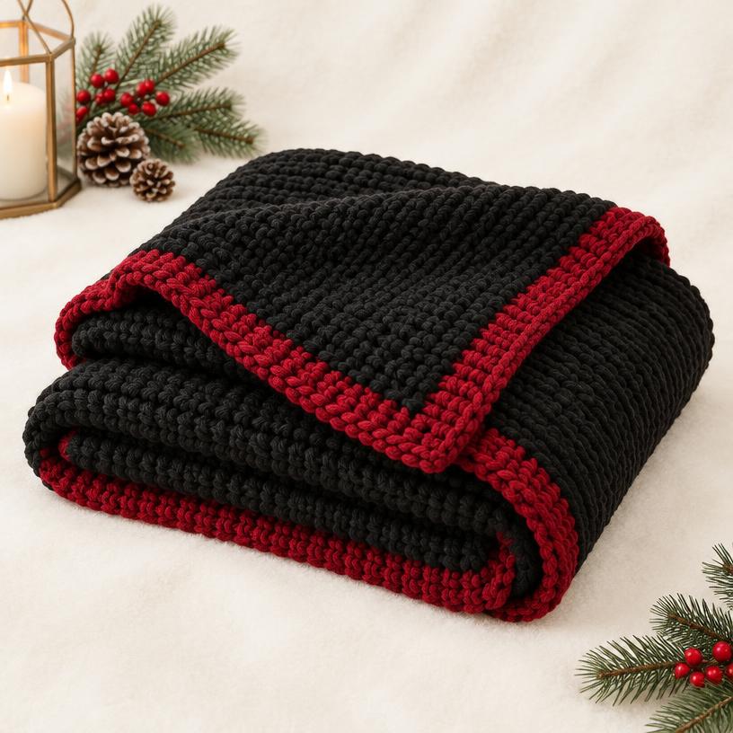 Noir Knit Throw with Crimson Trim
