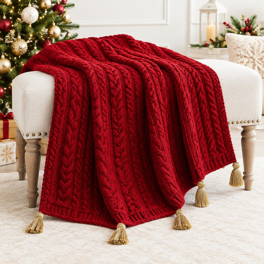 Crimson Cable-Knit Holiday Throw
