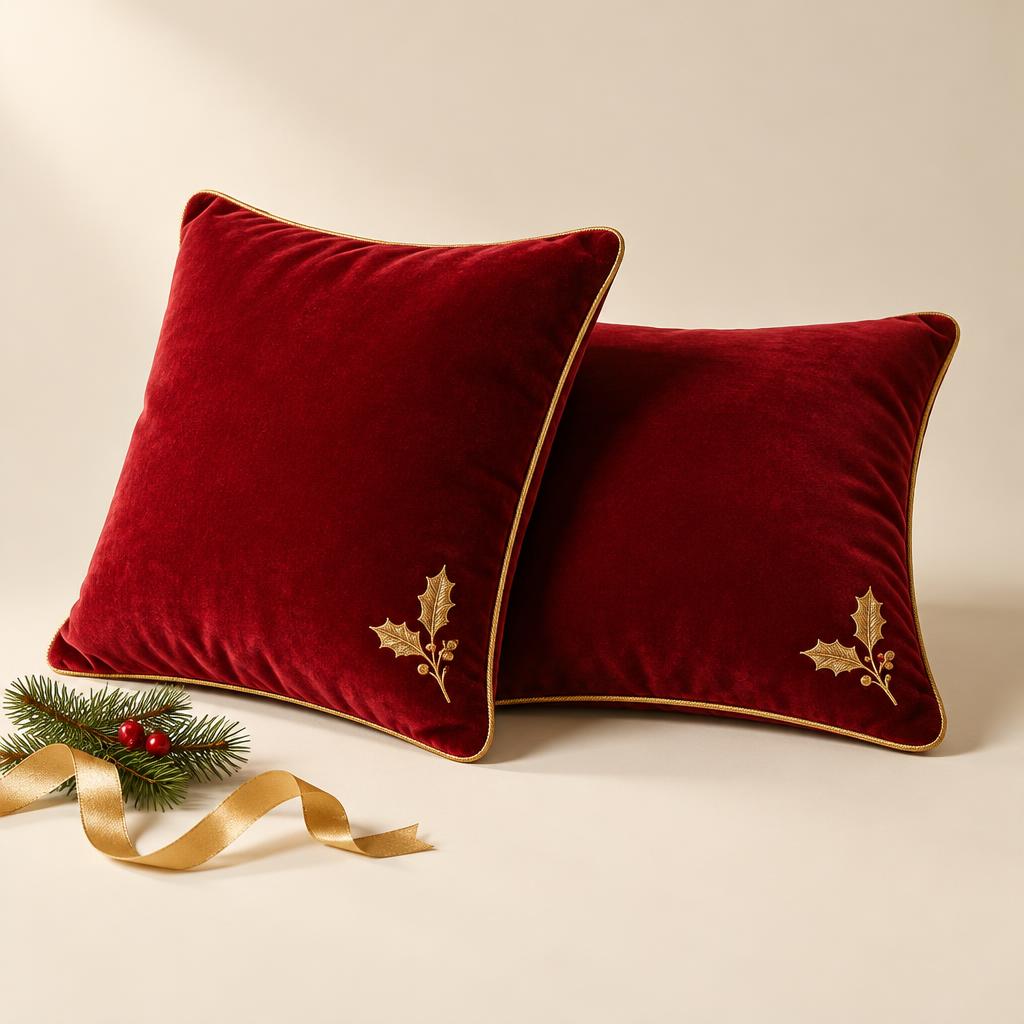 Crimson Velvet Pillows with Gold Piping (2 pc)