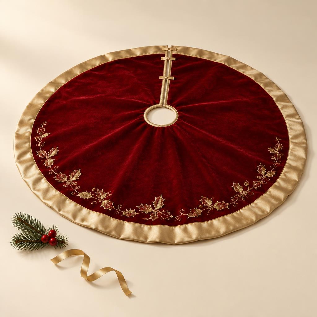 Crimson Velvet Tree Skirt with Gold Trim, 48 in