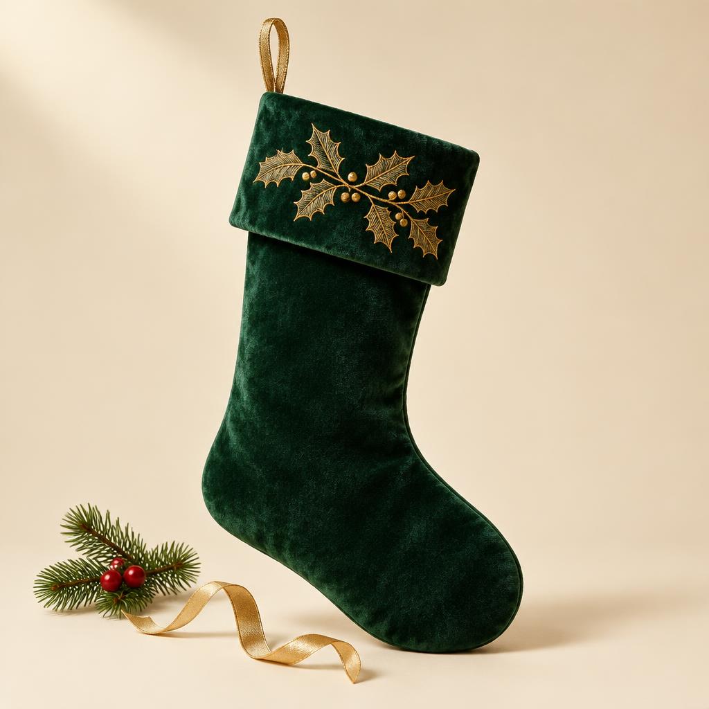 Evergreen Velvet Stocking with Gold Holly