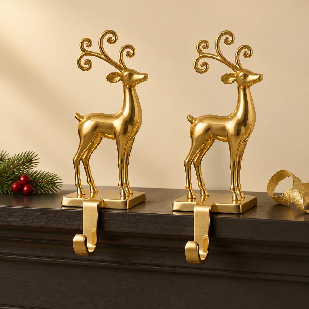 Golden Reindeer Stocking Holders (2 pc)