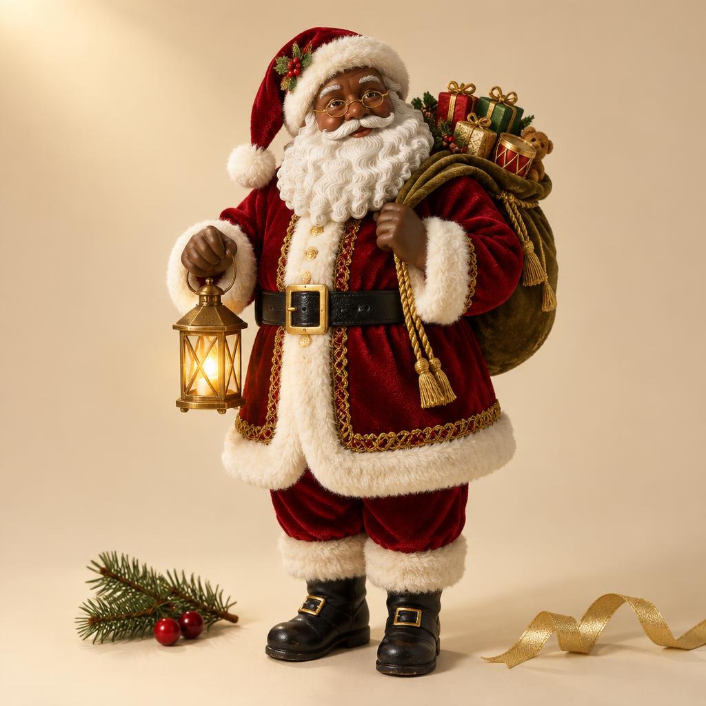 Black Santa with Golden Lantern (12 in)