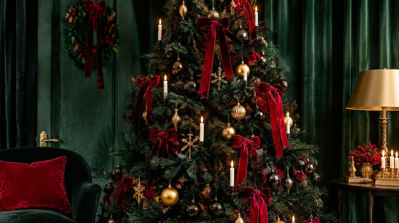 Black Christmas tree with red velvet bows and gold ornaments
