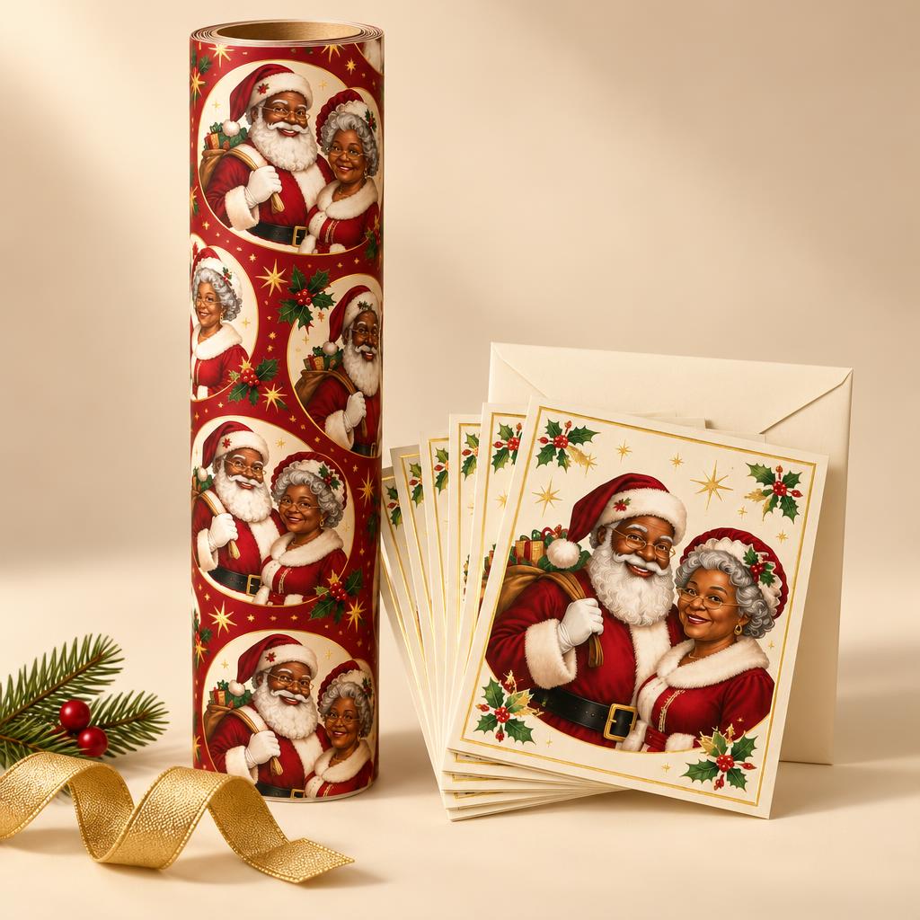 Black Mrs. Claus Holiday Magic Gift Wrap & Greeting Card Set
