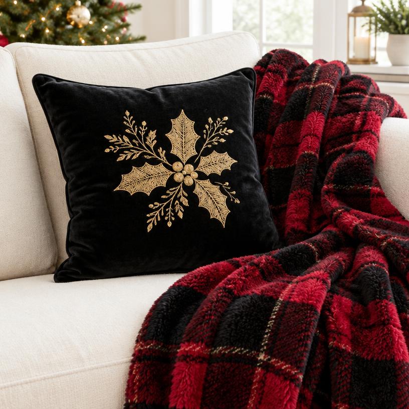 Gold Holly Velvet Pillow & Plaid Throw Set