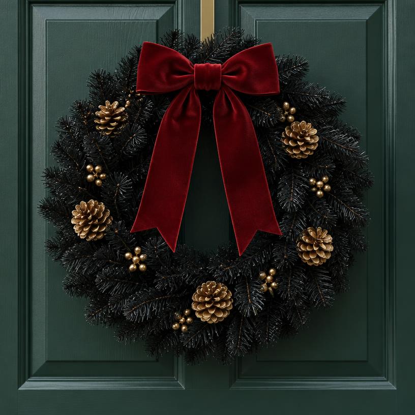 Crimson Bow Black Wreath, 24 in